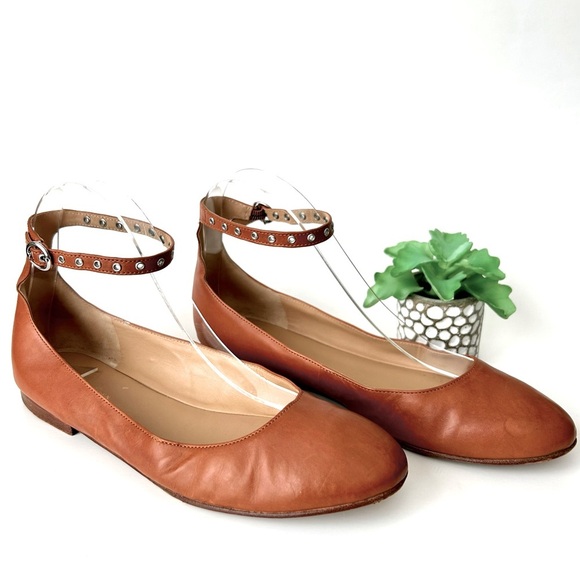 Polo Ralph Lauren Kinsley Ankle Strap Ballet Flats Cognac Brown Leather 7.5 - Picture 1 of 7